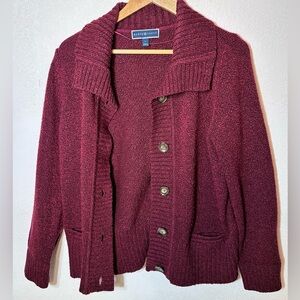 Karen Scott Cardigan Sweater Large Red Merlot Burgundy Button Up Long Sleeve